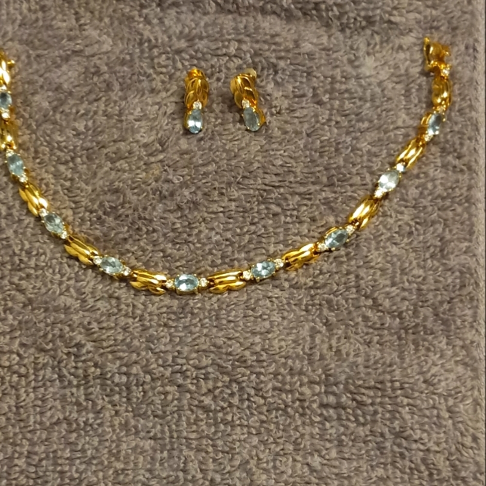 SOLDNWOT Gold Plated Sterling Silver Aquamarine and Diamond Bracelet and Earring